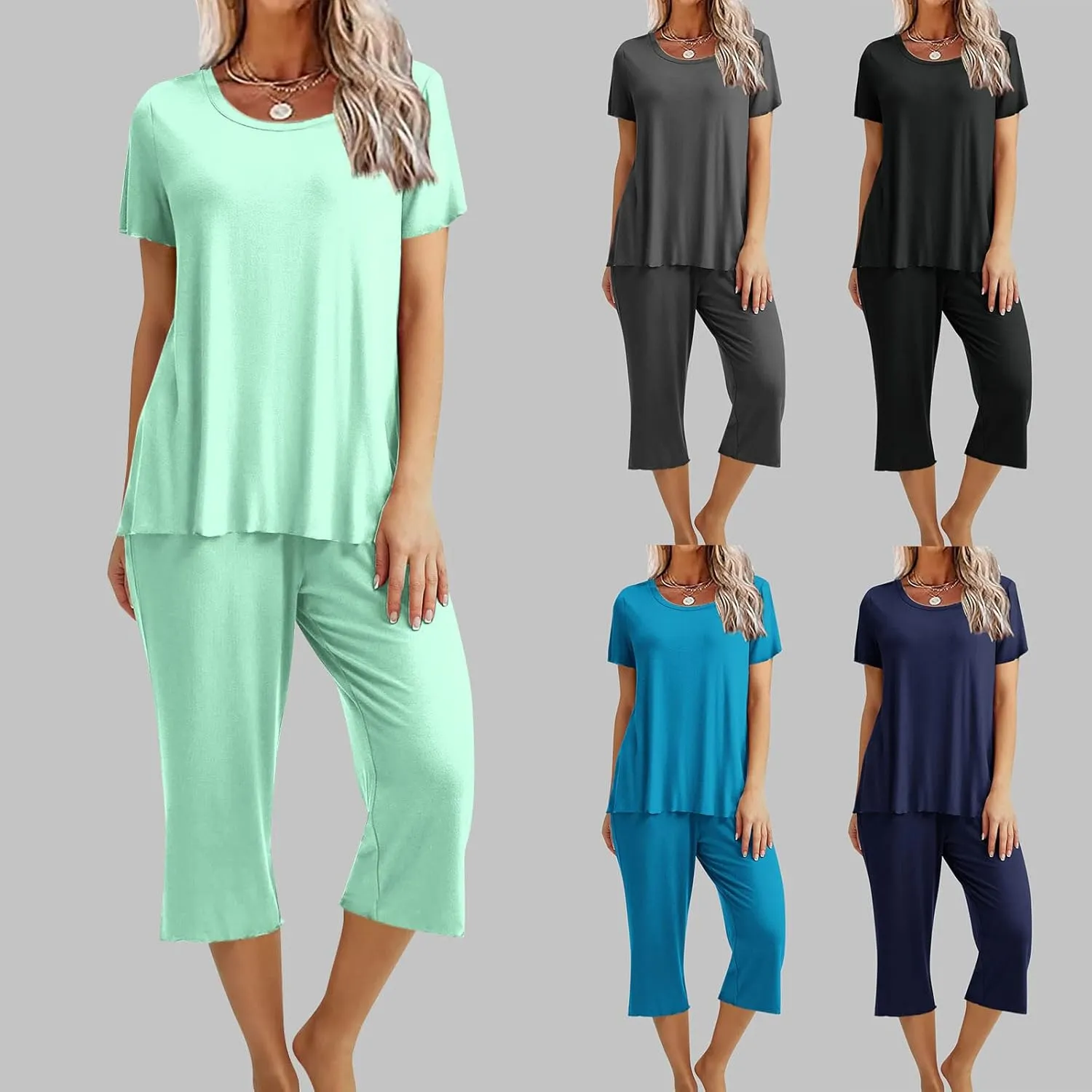 Pajamas for Women 2023 Set Short Sleeve Capri Pajamas Ladies Soft Comfy Pjs Summer Lounge Sleepwear Set With Pockets