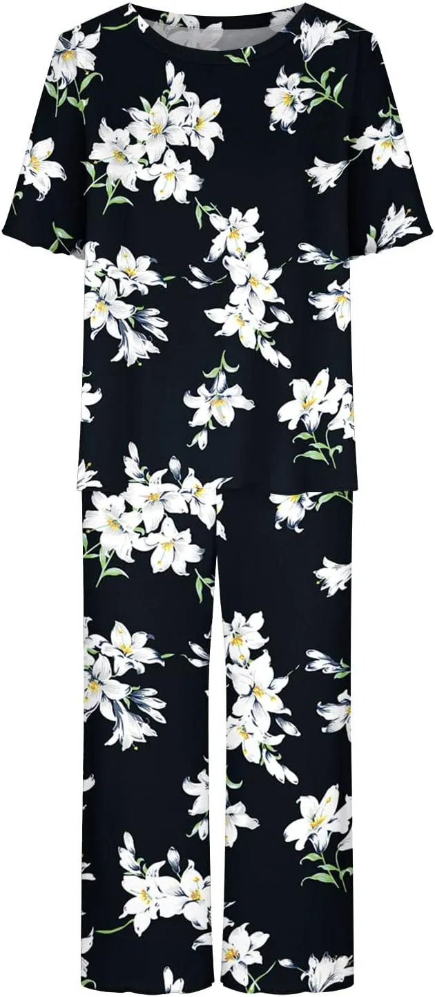 Pajamas for Women 2023 Set Short Sleeve Capri Pajamas Ladies Soft Comfy Pjs Summer Lounge Sleepwear Set With Pockets