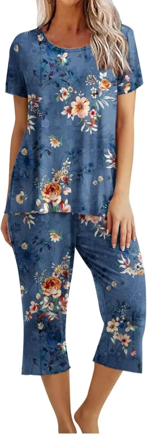 Pajamas for Women 2023 Set Short Sleeve Capri Pajamas Ladies Soft Comfy Pjs Summer Lounge Sleepwear Set With Pockets