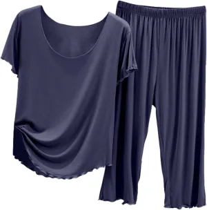 Pajamas Set for Women Pack of 2 Short Sleeve Tops and Soft Capri Pants Sets Summer Cooling Sleepwear Pjs Outfits