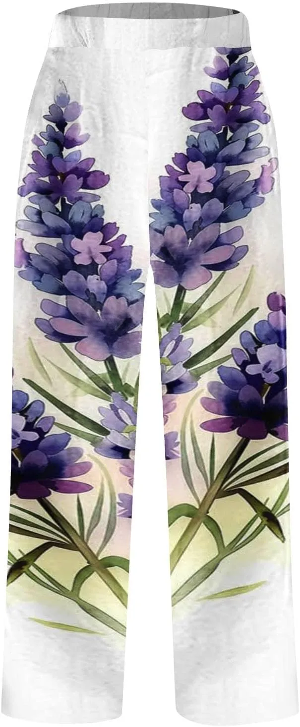 Plus Size Linen Pants for Women Elastic High Waisted Straight Leg Cotton Trousers Floral Print Casual Summer Pants