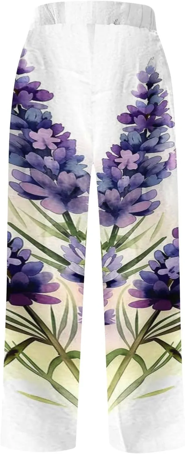 Plus Size Linen Pants for Women Elastic High Waisted Straight Leg Cotton Trousers Floral Print Casual Summer Pants