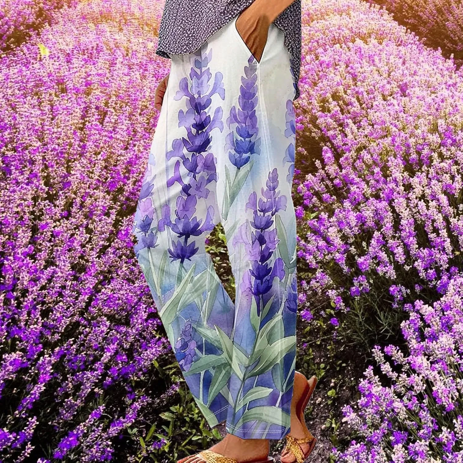 Plus Size Linen Pants for Women Elastic High Waisted Straight Leg Cotton Trousers Floral Print Casual Summer Pants