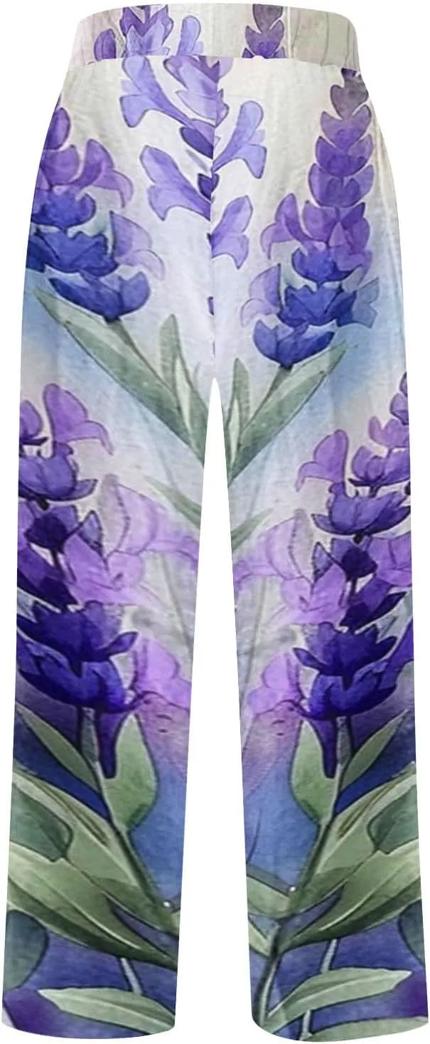 Plus Size Linen Pants for Women Elastic High Waisted Straight Leg Cotton Trousers Floral Print Casual Summer Pants