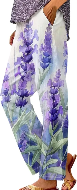 Plus Size Linen Pants for Women Elastic High Waisted Straight Leg Cotton Trousers Floral Print Casual Summer Pants