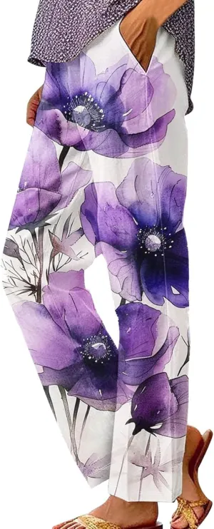 Plus Size Linen Pants for Women Elastic High Waisted Straight Leg Cotton Trousers Floral Print Casual Summer Pants