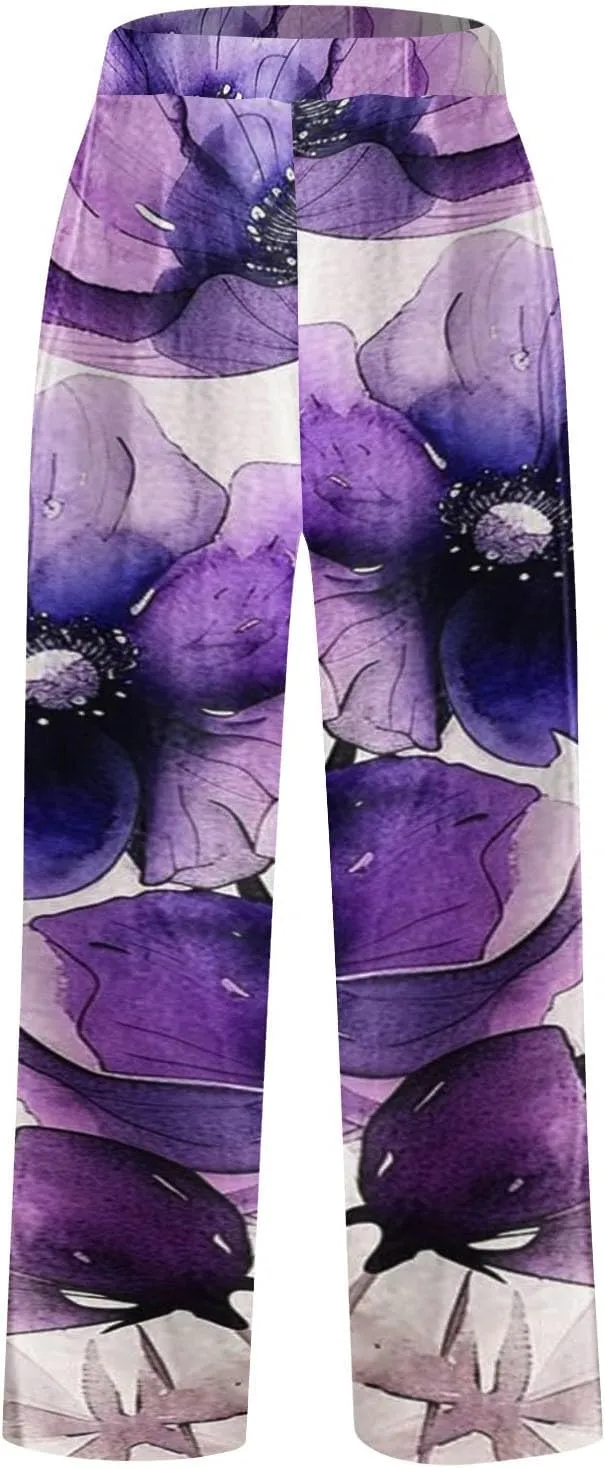 Plus Size Linen Pants for Women Elastic High Waisted Straight Leg Cotton Trousers Floral Print Casual Summer Pants