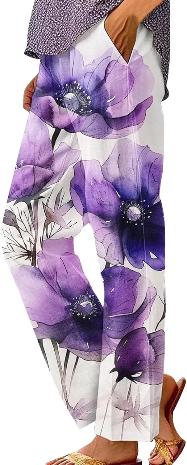 Plus Size Linen Pants for Women Elastic High Waisted Straight Leg Cotton Trousers Floral Print Casual Summer Pants