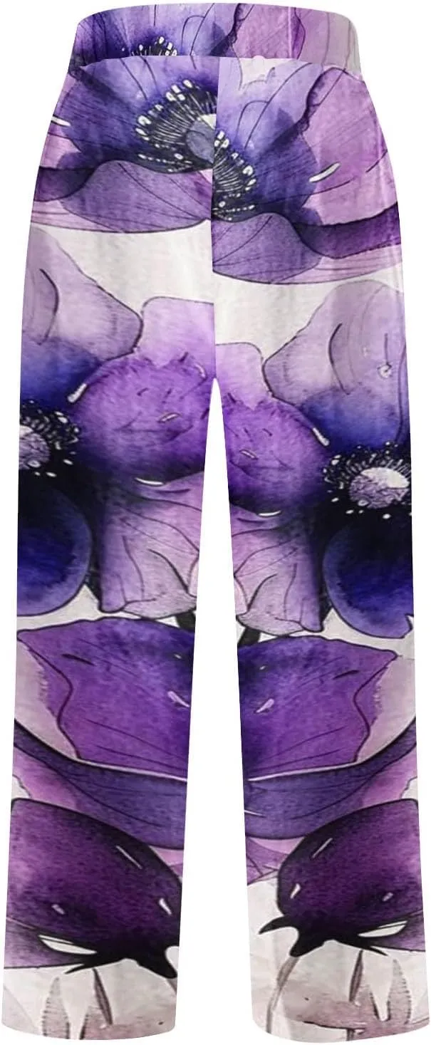 Plus Size Linen Pants for Women Elastic High Waisted Straight Leg Cotton Trousers Floral Print Casual Summer Pants