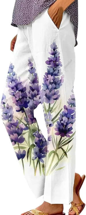 Plus Size Linen Pants for Women Elastic High Waisted Straight Leg Cotton Trousers Floral Print Casual Summer Pants