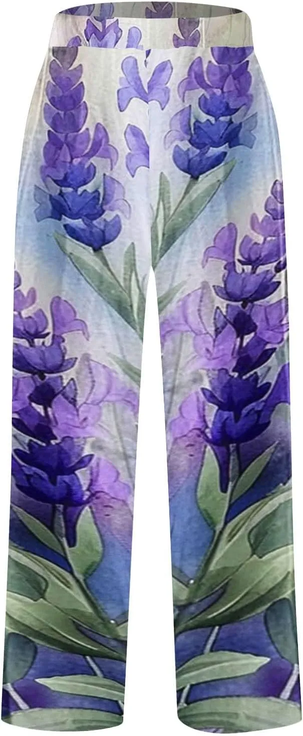 Plus Size Linen Pants for Women Elastic High Waisted Straight Leg Cotton Trousers Floral Print Casual Summer Pants