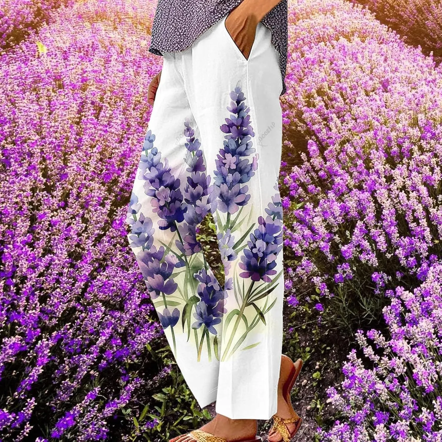 Plus Size Linen Pants for Women Elastic High Waisted Straight Leg Cotton Trousers Floral Print Casual Summer Pants