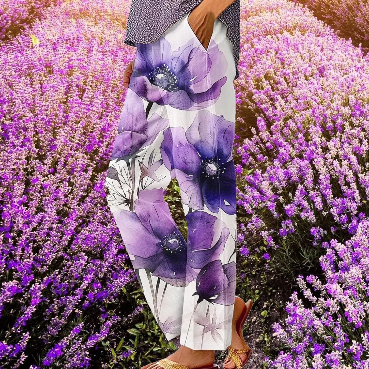 Plus Size Linen Pants for Women Elastic High Waisted Straight Leg Cotton Trousers Floral Print Casual Summer Pants
