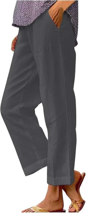 Plus Size Linen Pants Women's Casual Pants Elastic High Waisted Straight Leg Trousers Loose Summer Beach Bottoms