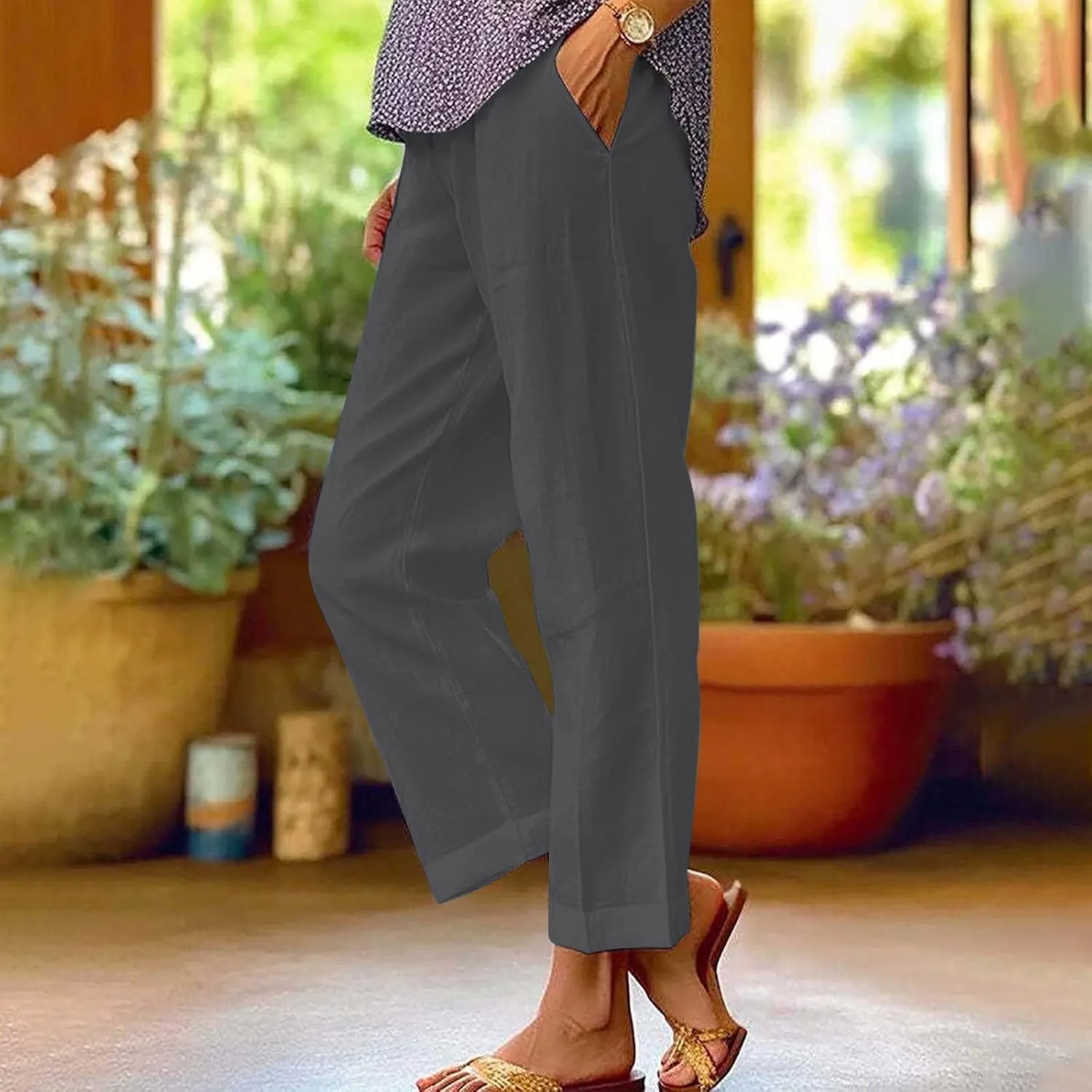 Plus Size Linen Pants Women's Casual Pants Elastic High Waisted Straight Leg Trousers Loose Summer Beach Bottoms