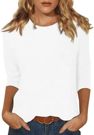 Plus Size Summer Outfits O-Neck 3/4 Sleeve Shirts Trendy Loose Fit Blouses Basic Casual Tunic Cute Printed Clothing