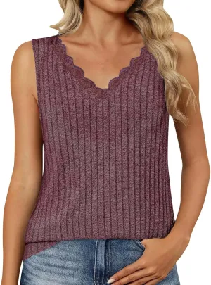 Plus Size Tank Top for Women Lace Kintting V Neck Blouse Summer Daily Sleeveless Shirt Solid Color Tee