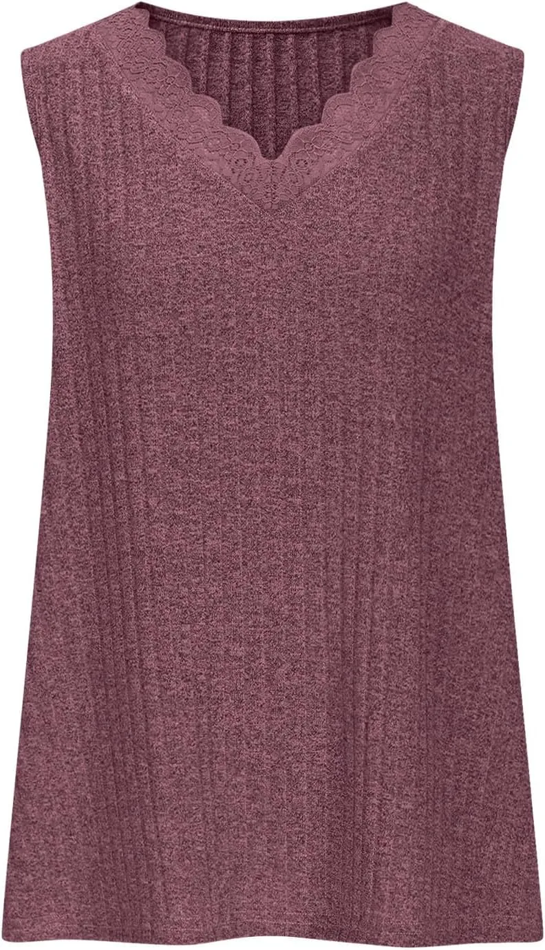 Plus Size Tank Top for Women Lace Kintting V Neck Blouse Summer Daily Sleeveless Shirt Solid Color Tee
