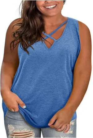 Plus Size Vests for Womens Dressy Hollow Out V-Neck Sleeveless Solid Color Summer Casual Baggy Comfy Tank Tops