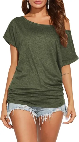 Poetsky Women's Summer Off Shoulder Shirts Casual Loose Short Sleeve Tunics Tops