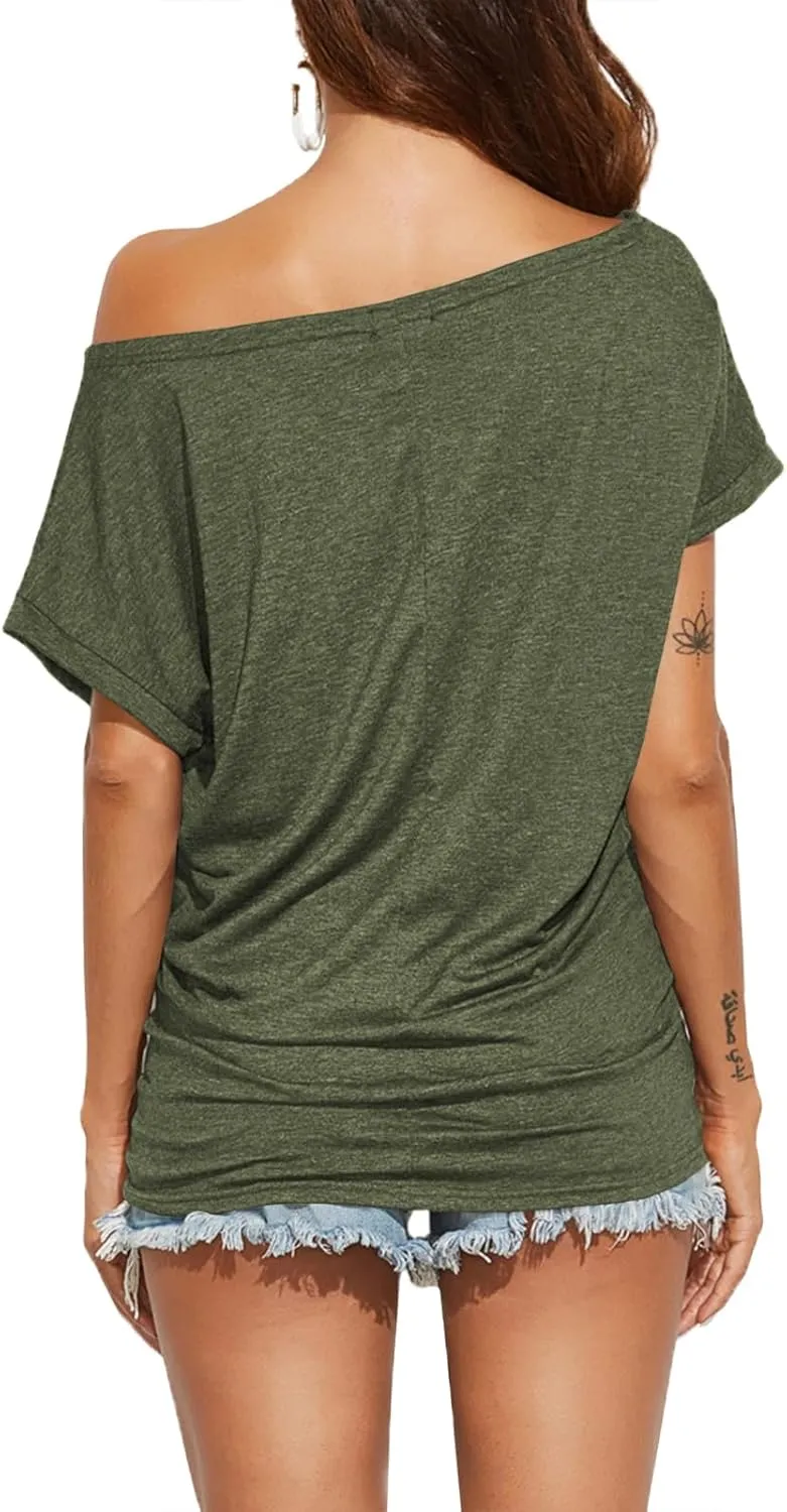 Poetsky Women's Summer Off Shoulder Shirts Casual Loose Short Sleeve Tunics Tops