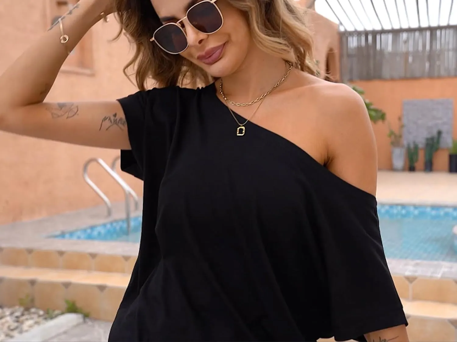 Poetsky Women's Summer Off Shoulder Shirts Casual Loose Short Sleeve Tunics Tops