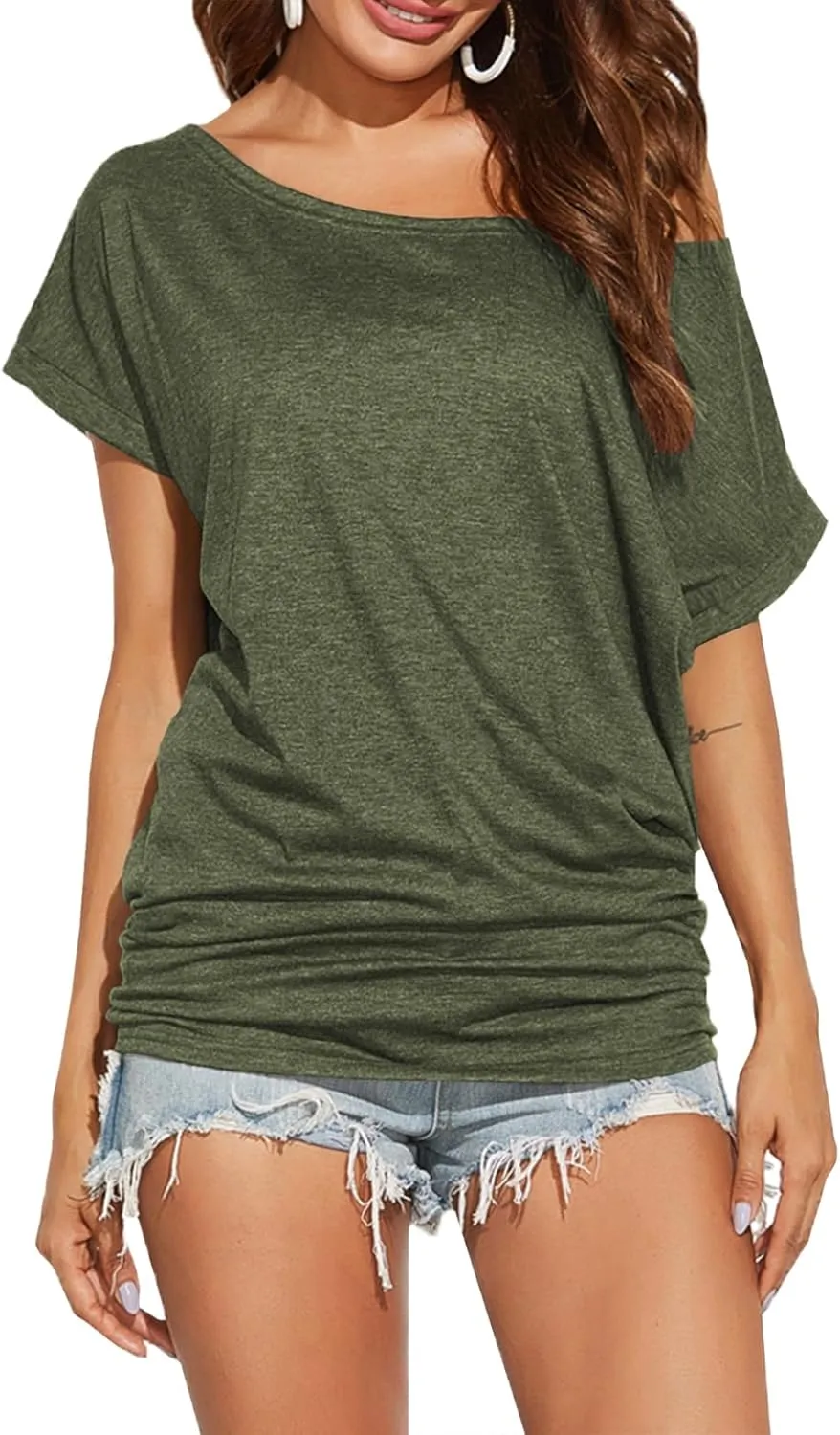 Poetsky Women's Summer Off Shoulder Shirts Casual Loose Short Sleeve Tunics Tops