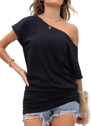 Poetsky Women's Summer Off Shoulder Shirts Casual Loose Short Sleeve Tunics Tops