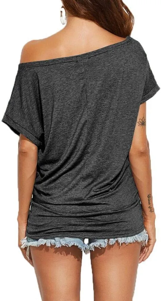 Poetsky Women's Summer Off Shoulder Shirts Casual Loose Short Sleeve Tunics Tops