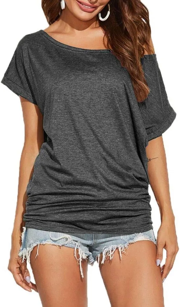 Poetsky Women's Summer Off Shoulder Shirts Casual Loose Short Sleeve Tunics Tops