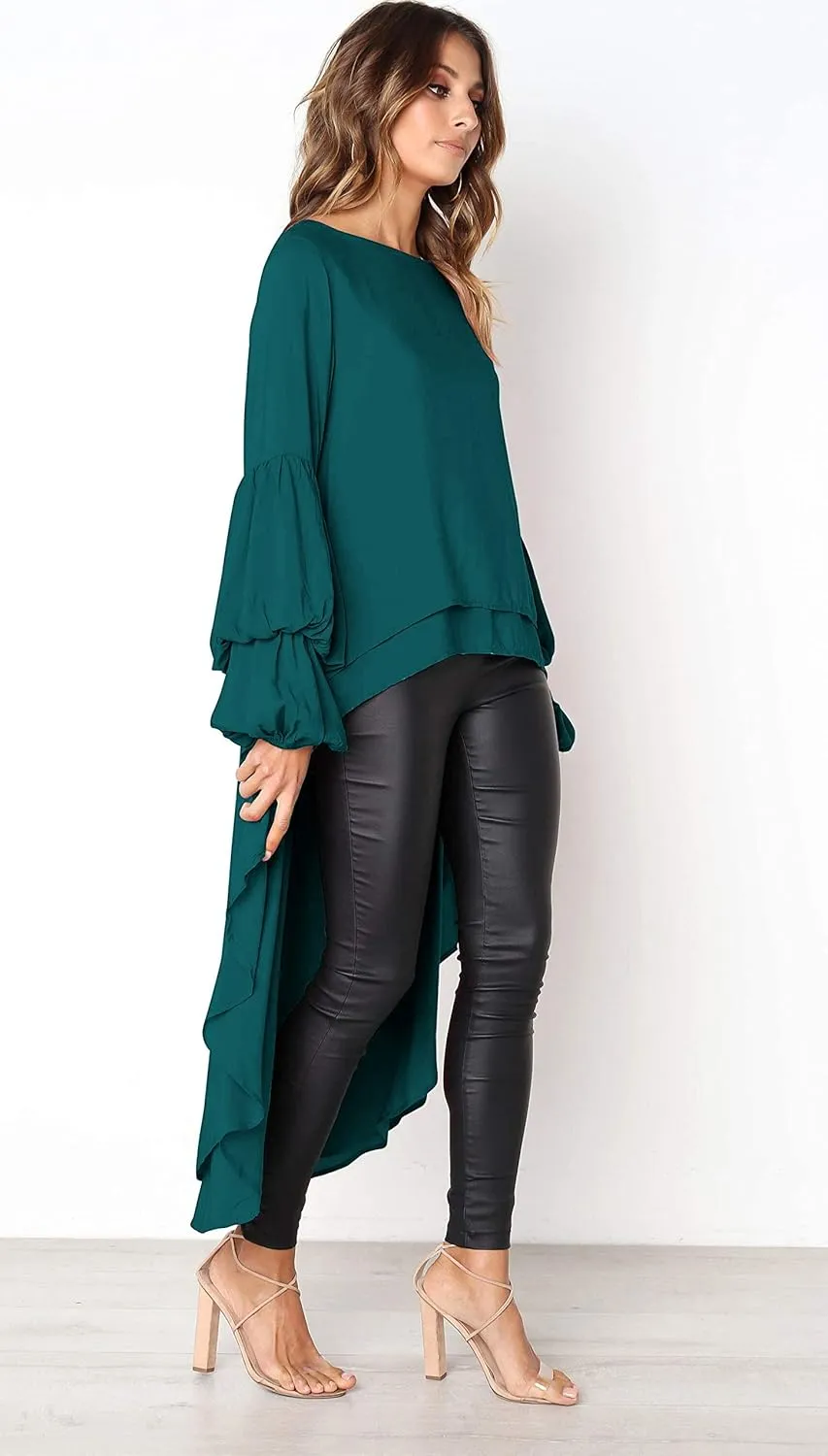 PRETTYGARDEN Women's Lantern Long Sleeve Round Neck High Low Asymmetrical Irregular Hem Casual Tops Blouse Shirt Dress