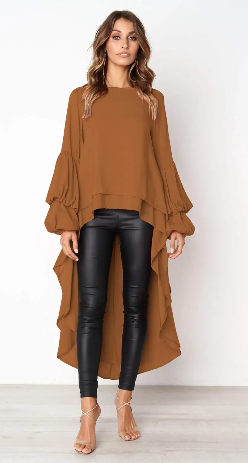 PRETTYGARDEN Women's Lantern Long Sleeve Round Neck High Low Asymmetrical Irregular Hem Casual Tops Blouse Shirt Dress