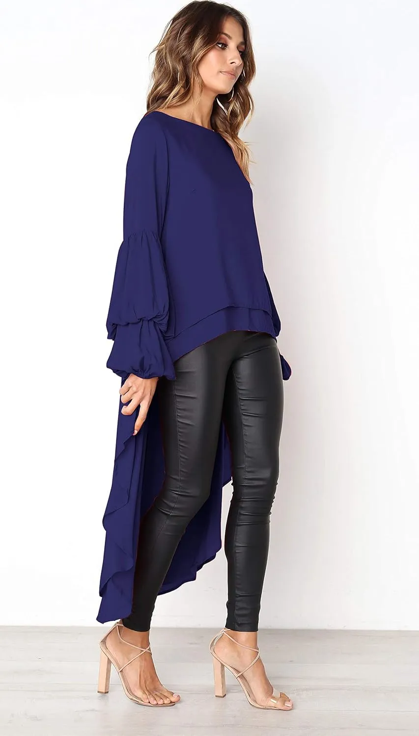 PRETTYGARDEN Women's Lantern Long Sleeve Round Neck High Low Asymmetrical Irregular Hem Casual Tops Blouse Shirt Dress