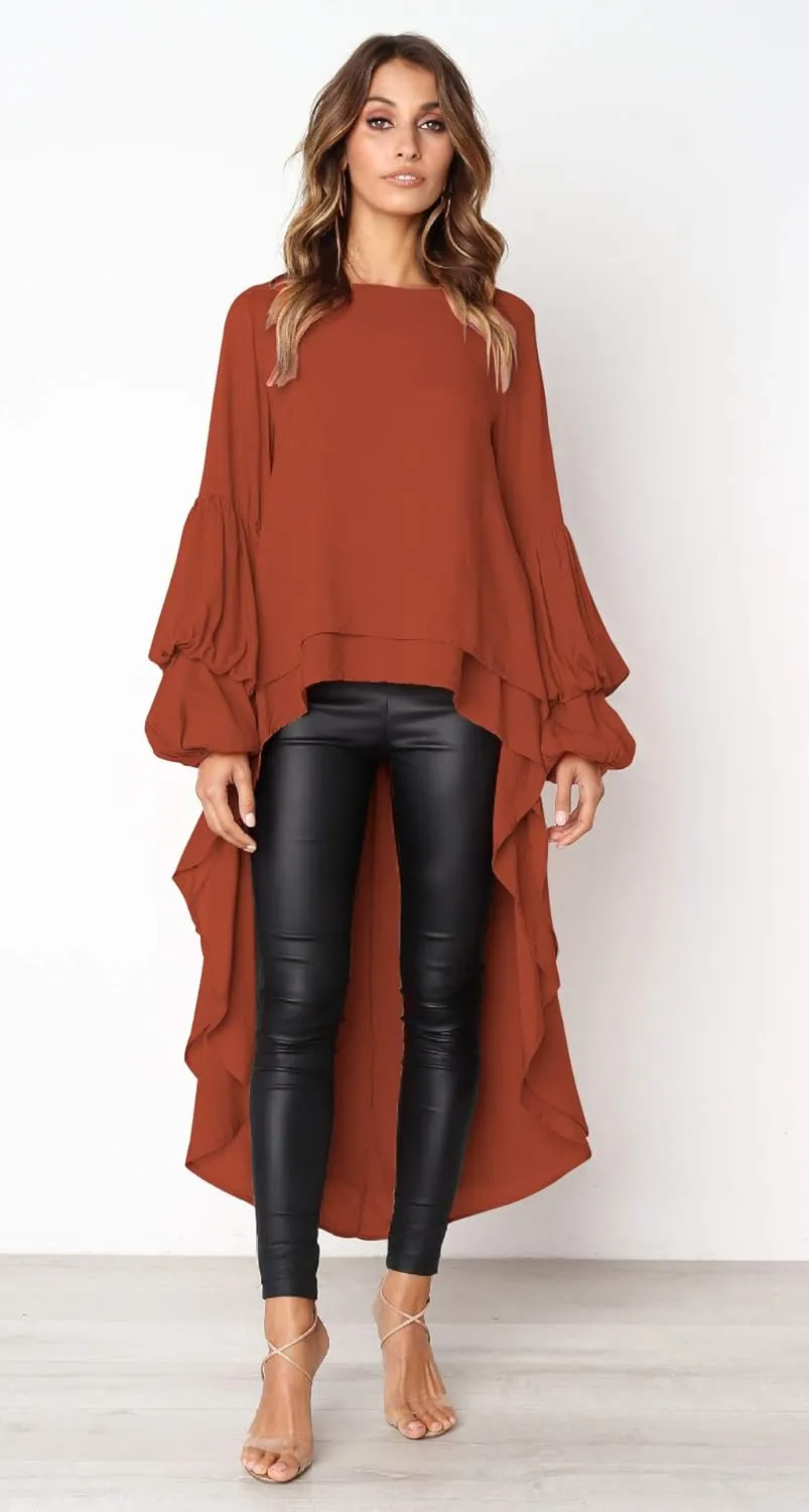 PRETTYGARDEN Women's Lantern Long Sleeve Round Neck High Low Asymmetrical Irregular Hem Casual Tops Blouse Shirt Dress