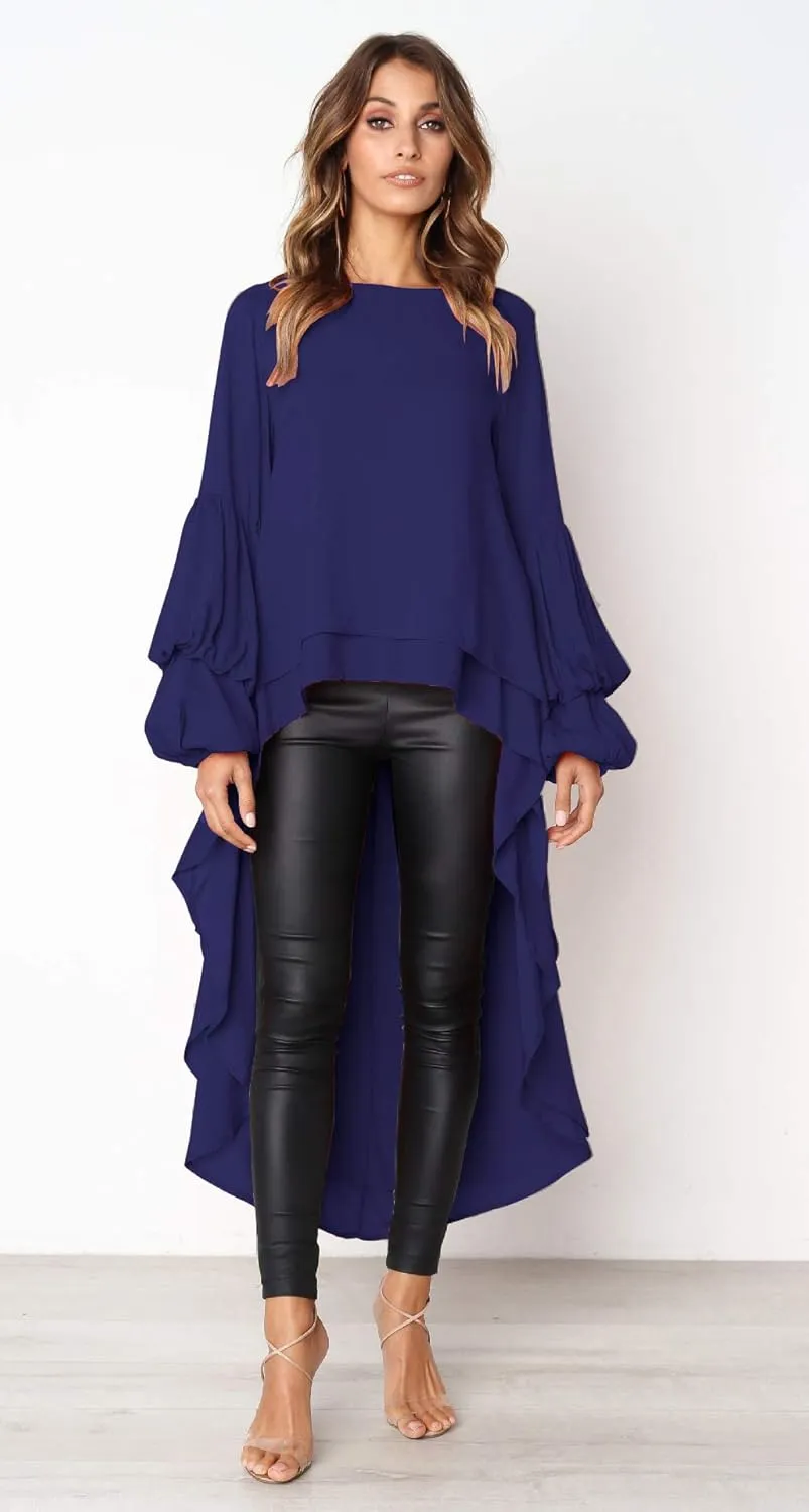 PRETTYGARDEN Women's Lantern Long Sleeve Round Neck High Low Asymmetrical Irregular Hem Casual Tops Blouse Shirt Dress