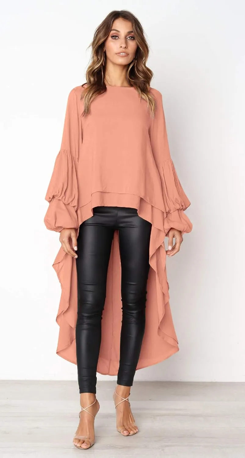 PRETTYGARDEN Women's Lantern Long Sleeve Round Neck High Low Asymmetrical Irregular Hem Casual Tops Blouse Shirt Dress