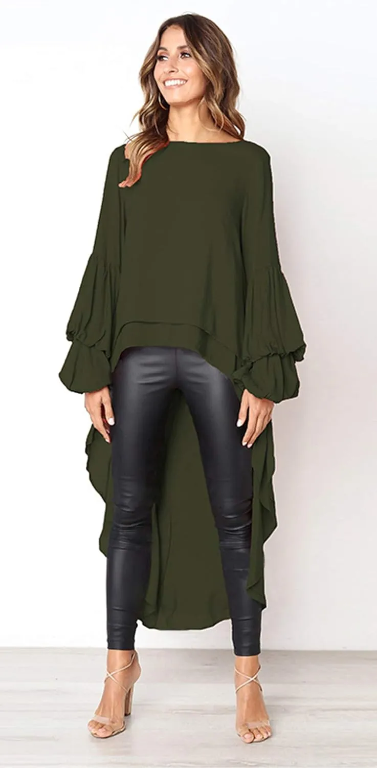 PRETTYGARDEN Women's Lantern Long Sleeve Round Neck High Low Asymmetrical Irregular Hem Casual Tops Blouse Shirt Dress