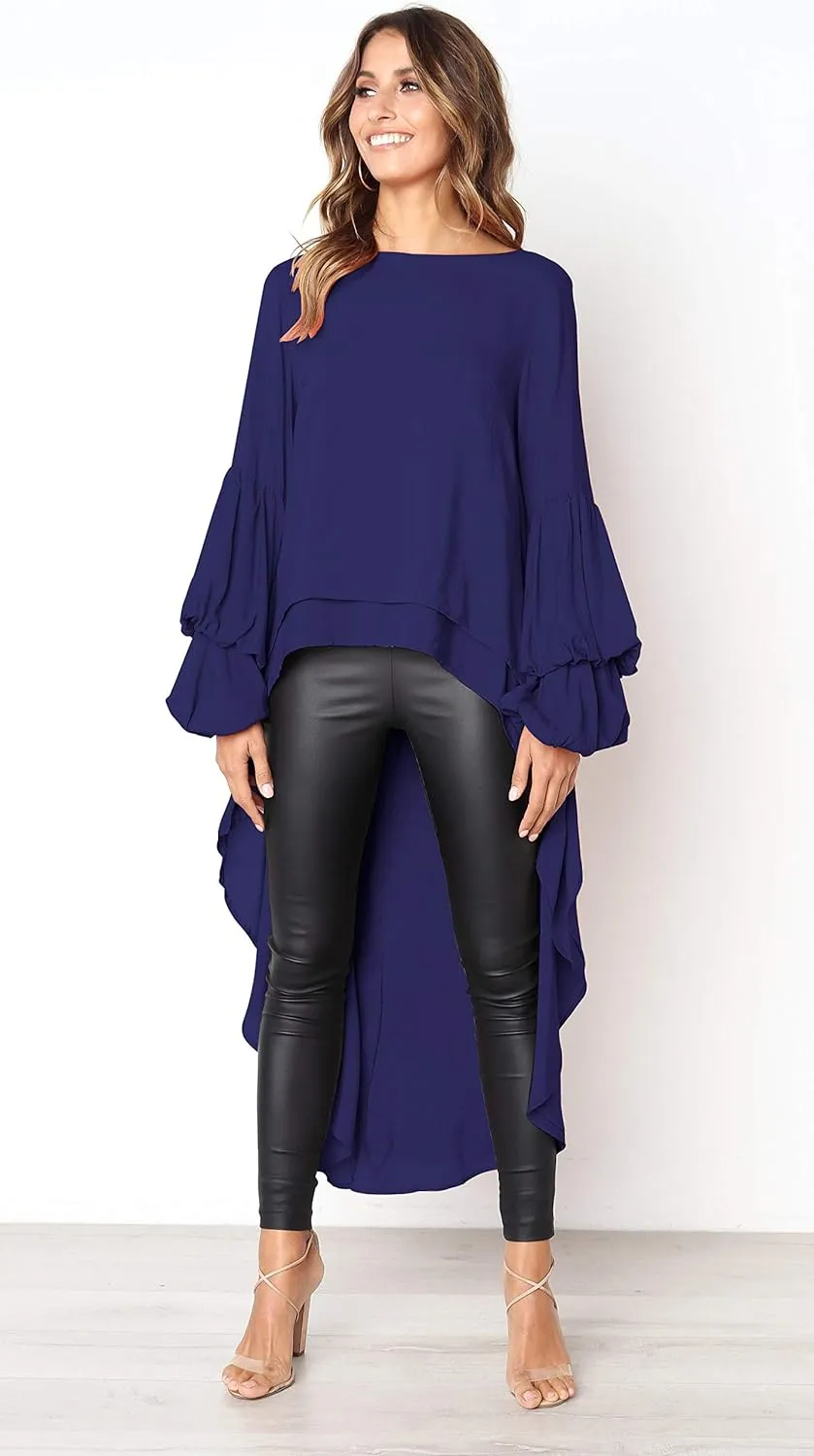 PRETTYGARDEN Women's Lantern Long Sleeve Round Neck High Low Asymmetrical Irregular Hem Casual Tops Blouse Shirt Dress