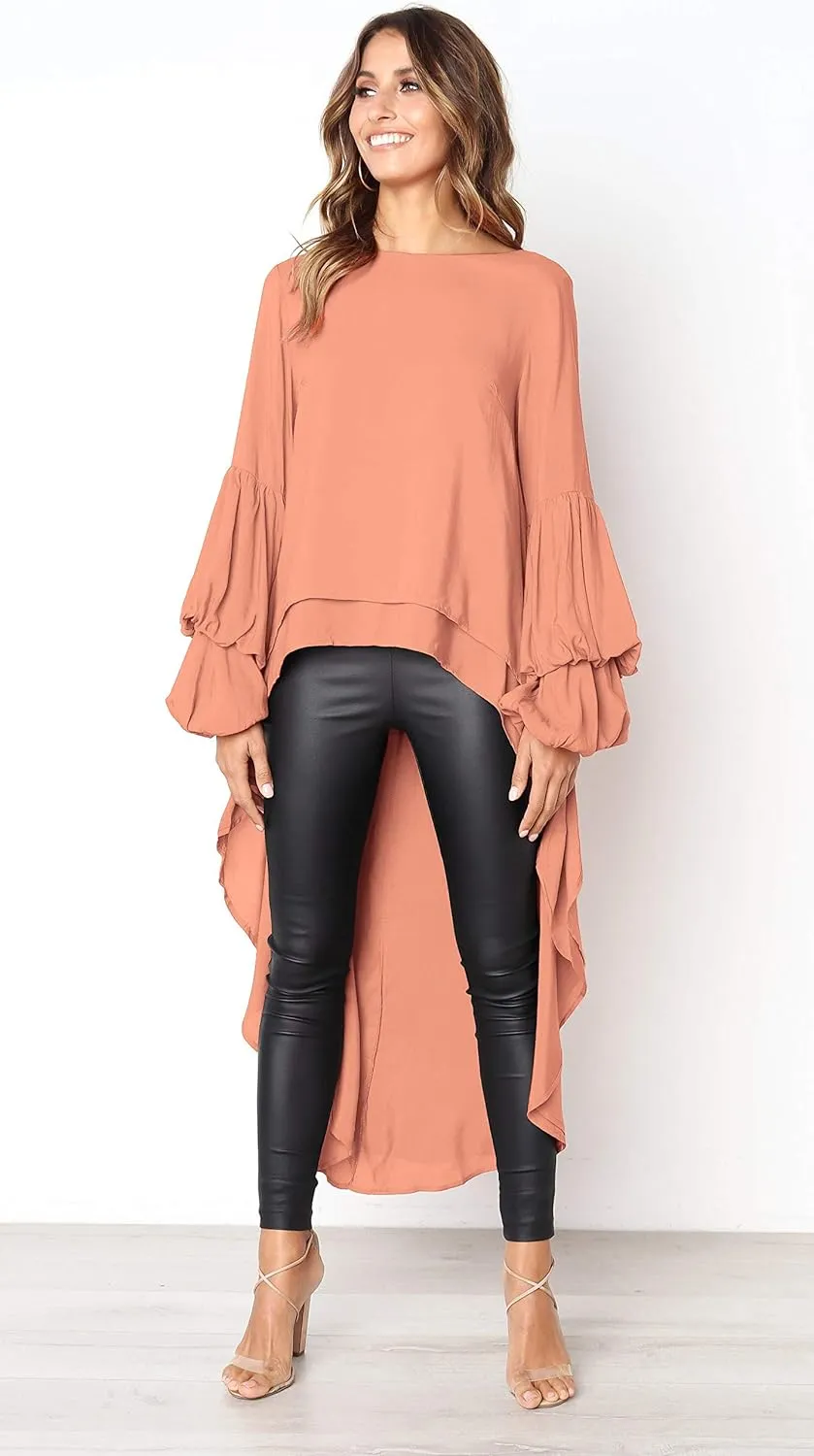 PRETTYGARDEN Women's Lantern Long Sleeve Round Neck High Low Asymmetrical Irregular Hem Casual Tops Blouse Shirt Dress