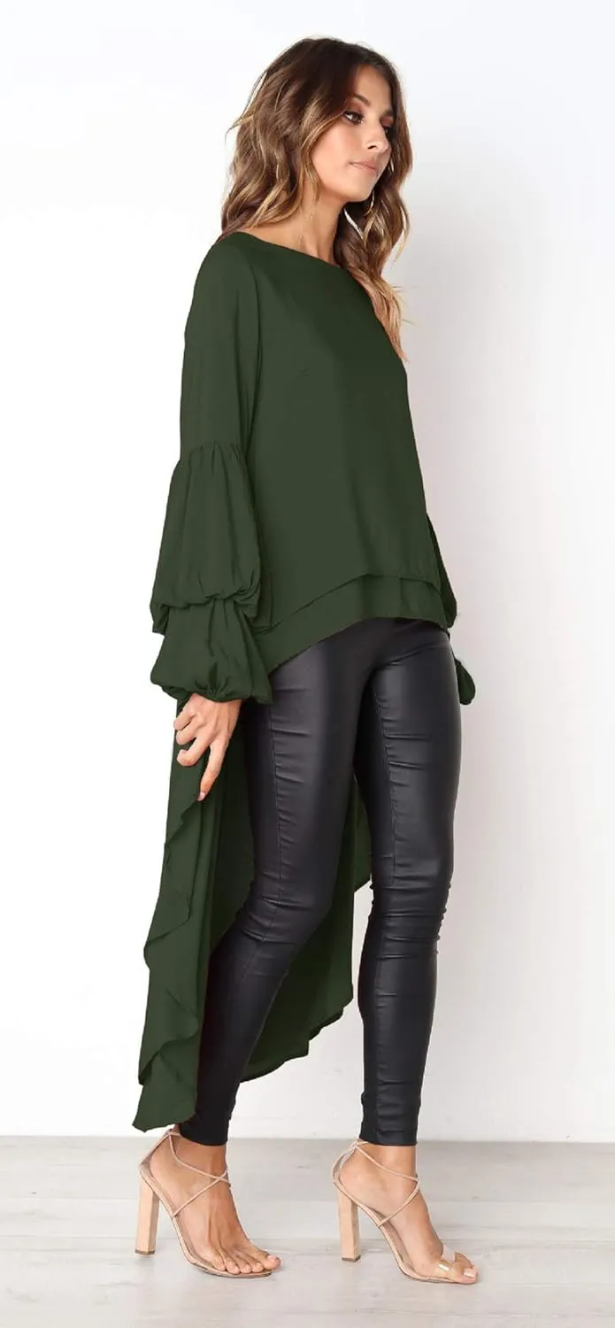 PRETTYGARDEN Women's Lantern Long Sleeve Round Neck High Low Asymmetrical Irregular Hem Casual Tops Blouse Shirt Dress