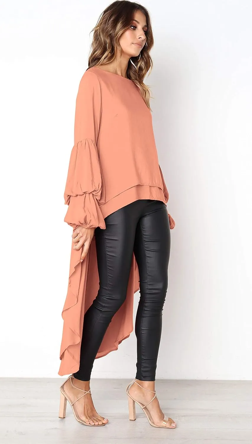PRETTYGARDEN Women's Lantern Long Sleeve Round Neck High Low Asymmetrical Irregular Hem Casual Tops Blouse Shirt Dress