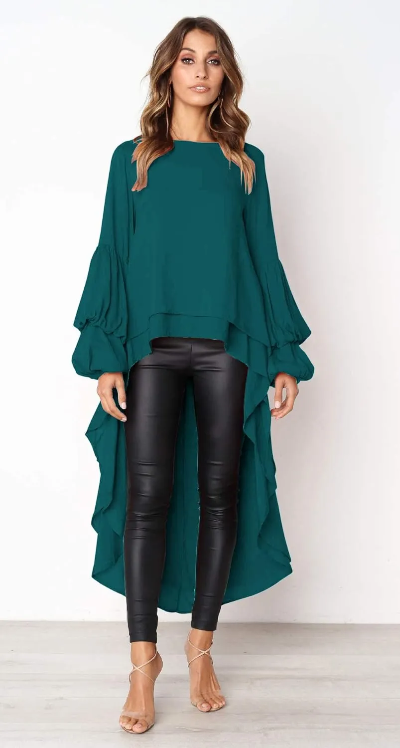 PRETTYGARDEN Women's Lantern Long Sleeve Round Neck High Low Asymmetrical Irregular Hem Casual Tops Blouse Shirt Dress