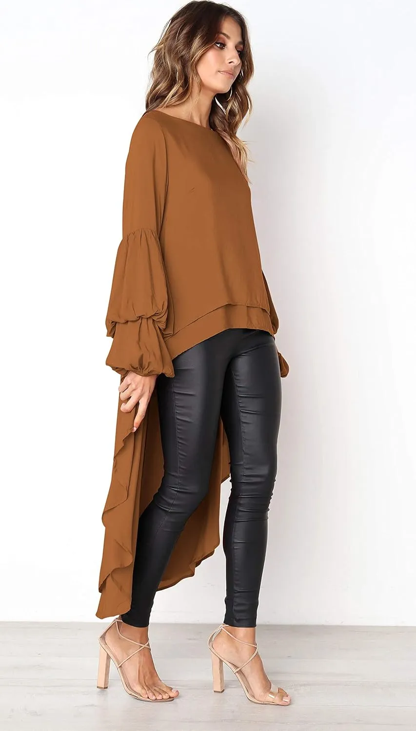 PRETTYGARDEN Women's Lantern Long Sleeve Round Neck High Low Asymmetrical Irregular Hem Casual Tops Blouse Shirt Dress