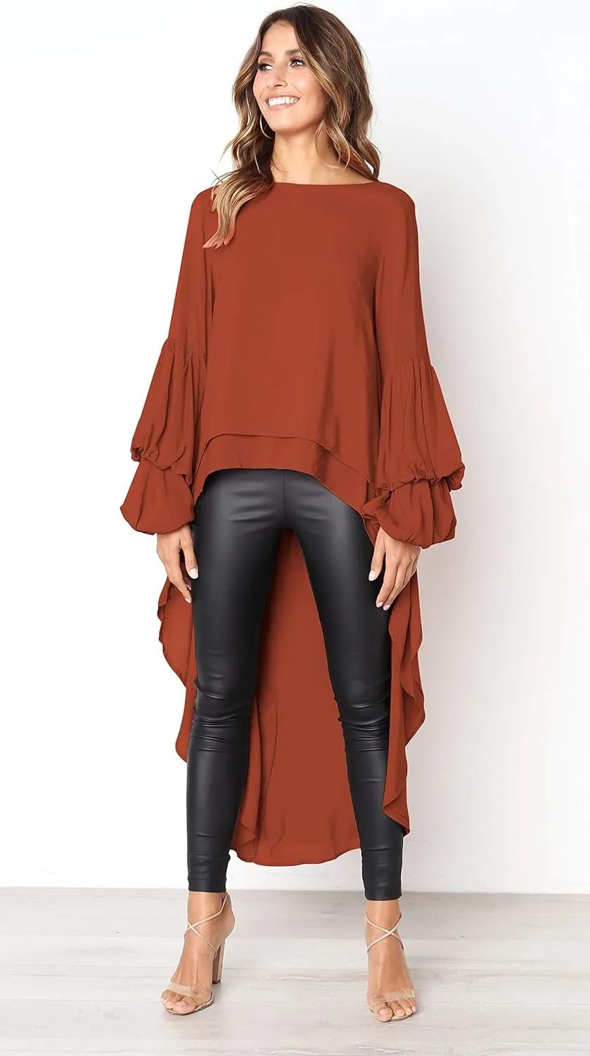 PRETTYGARDEN Women's Lantern Long Sleeve Round Neck High Low Asymmetrical Irregular Hem Casual Tops Blouse Shirt Dress