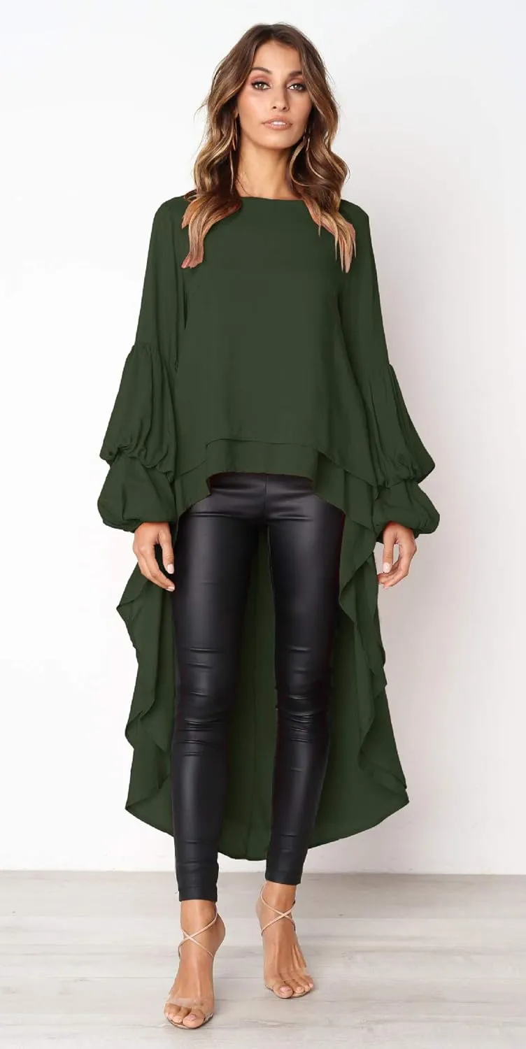 PRETTYGARDEN Women's Lantern Long Sleeve Round Neck High Low Asymmetrical Irregular Hem Casual Tops Blouse Shirt Dress