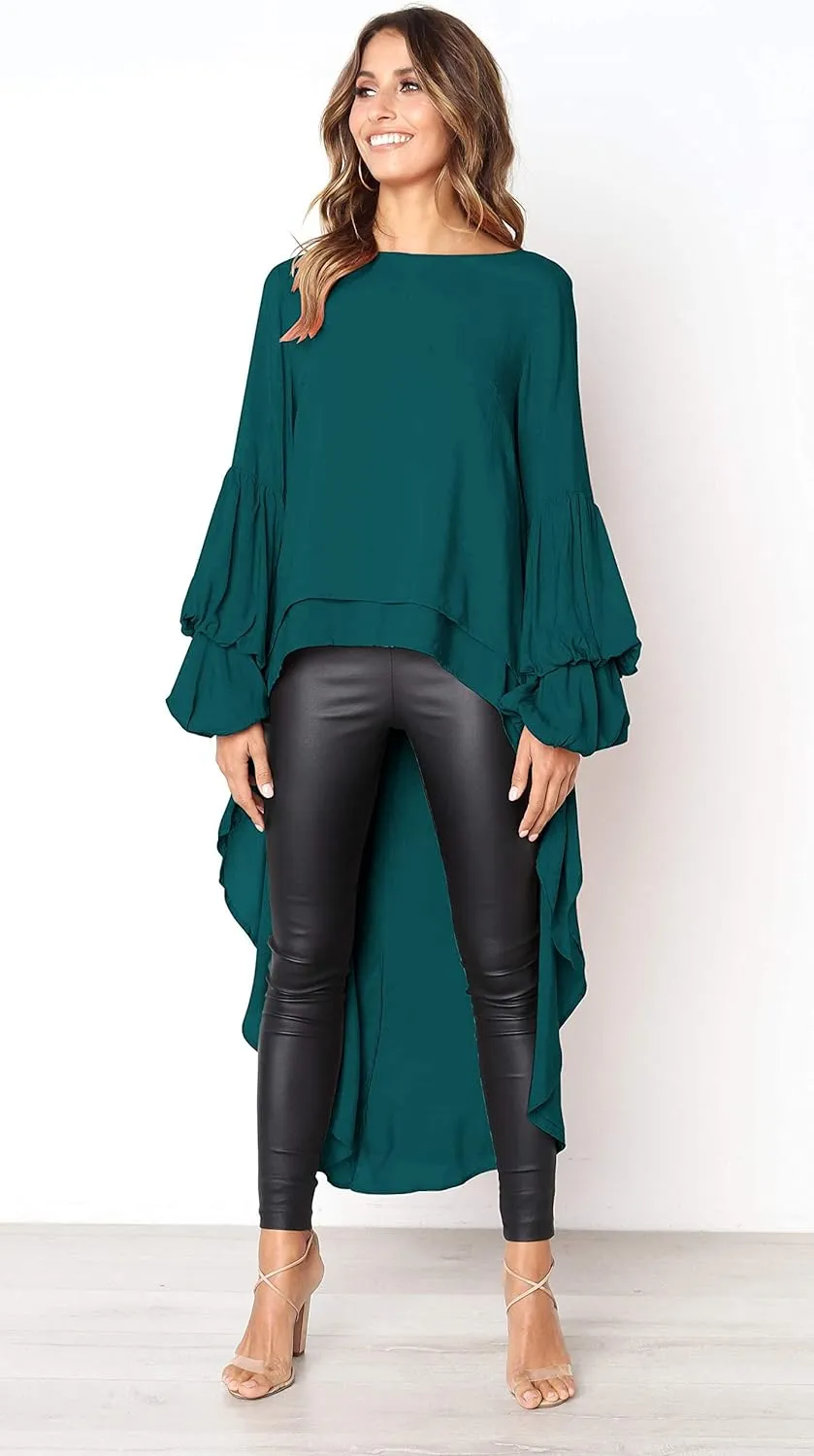 PRETTYGARDEN Women's Lantern Long Sleeve Round Neck High Low Asymmetrical Irregular Hem Casual Tops Blouse Shirt Dress