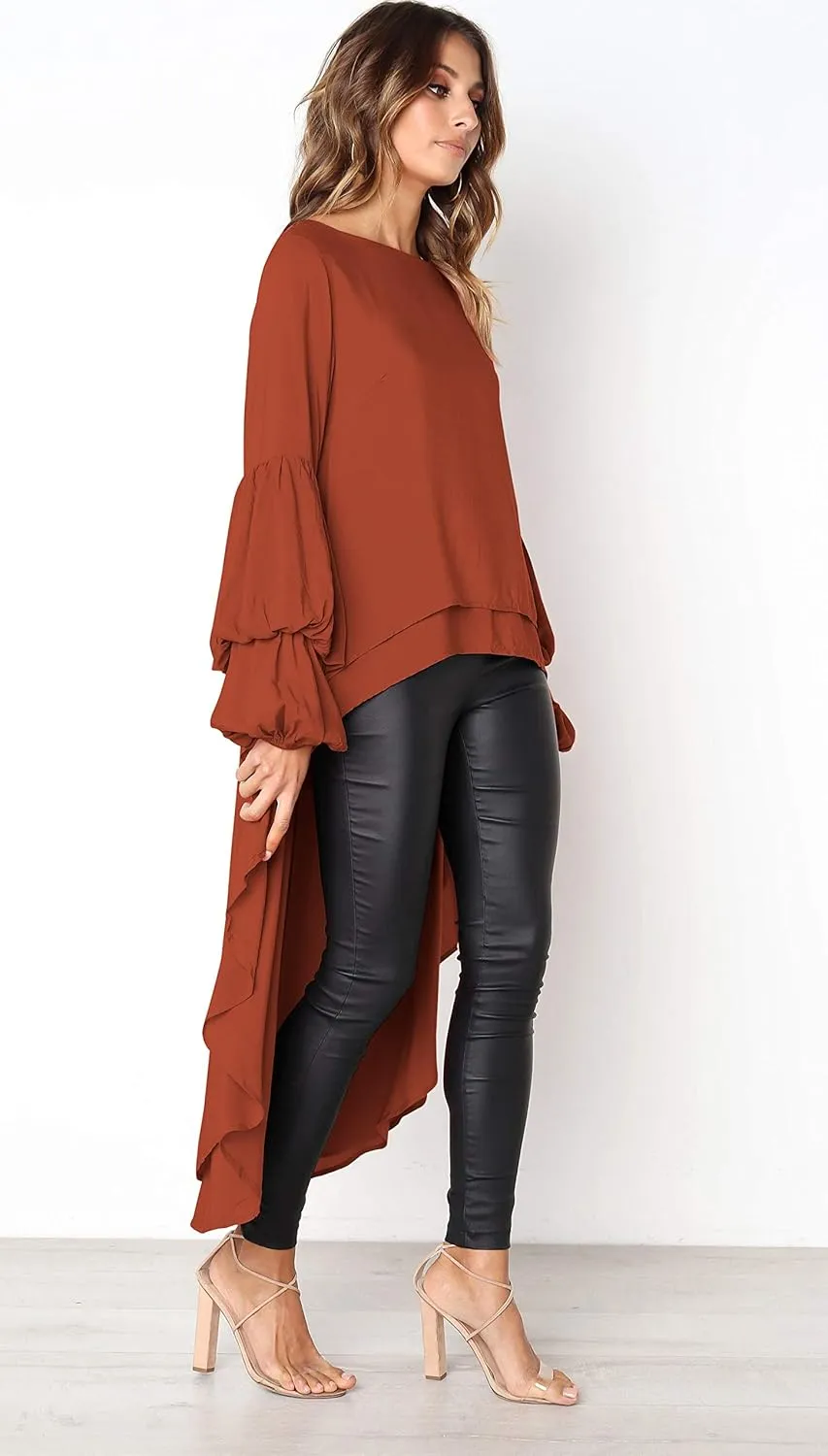 PRETTYGARDEN Women's Lantern Long Sleeve Round Neck High Low Asymmetrical Irregular Hem Casual Tops Blouse Shirt Dress