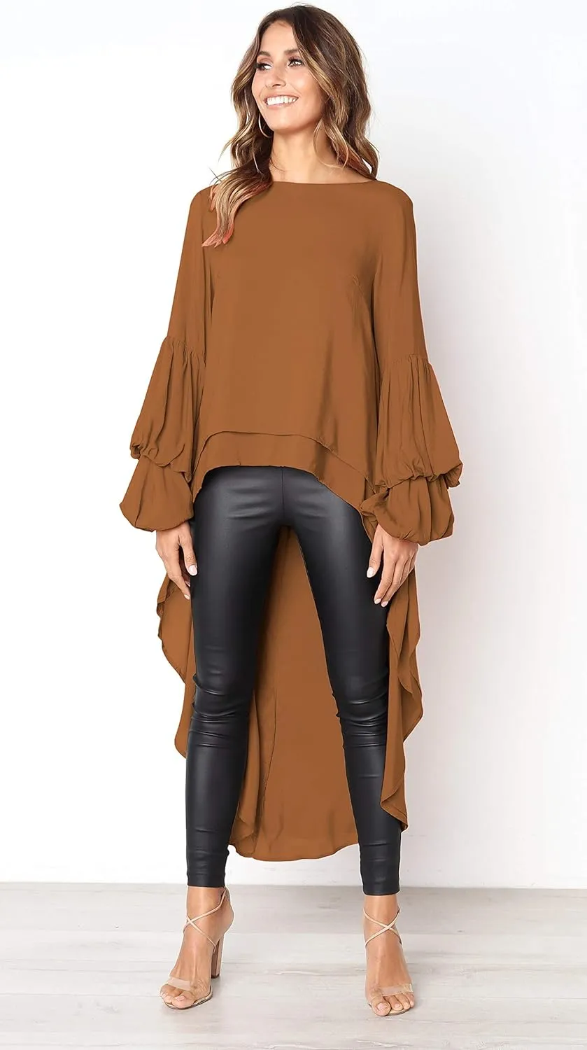 PRETTYGARDEN Women's Lantern Long Sleeve Round Neck High Low Asymmetrical Irregular Hem Casual Tops Blouse Shirt Dress