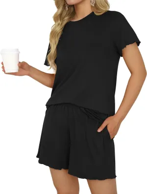PrinStory Womens Pajama Sets Short Sleeve Pj Sets for Woman Summer Pajamas with Pockets