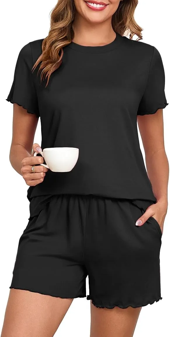 PrinStory Womens Pajama Sets Short Sleeve Pj Sets for Woman Summer Pajamas with Pockets